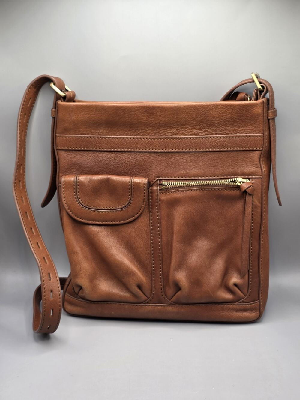 C & C California Leather Crossbody Purse Cognac Brown Pockets Bag 10"x10"